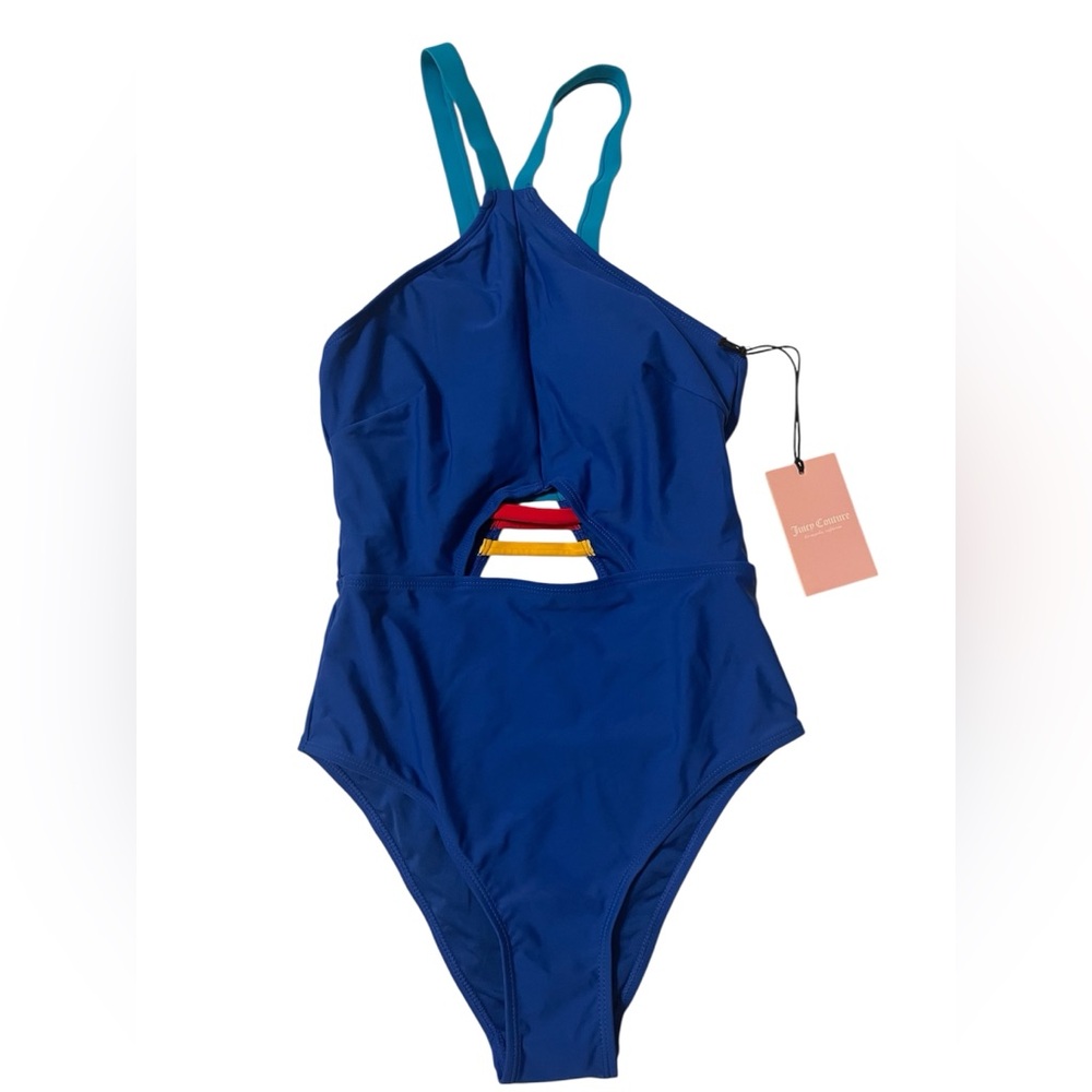 Juicy Couture Bathing Suit 1 Piece Swimsuit High neck contrast Blue Red Teal SML